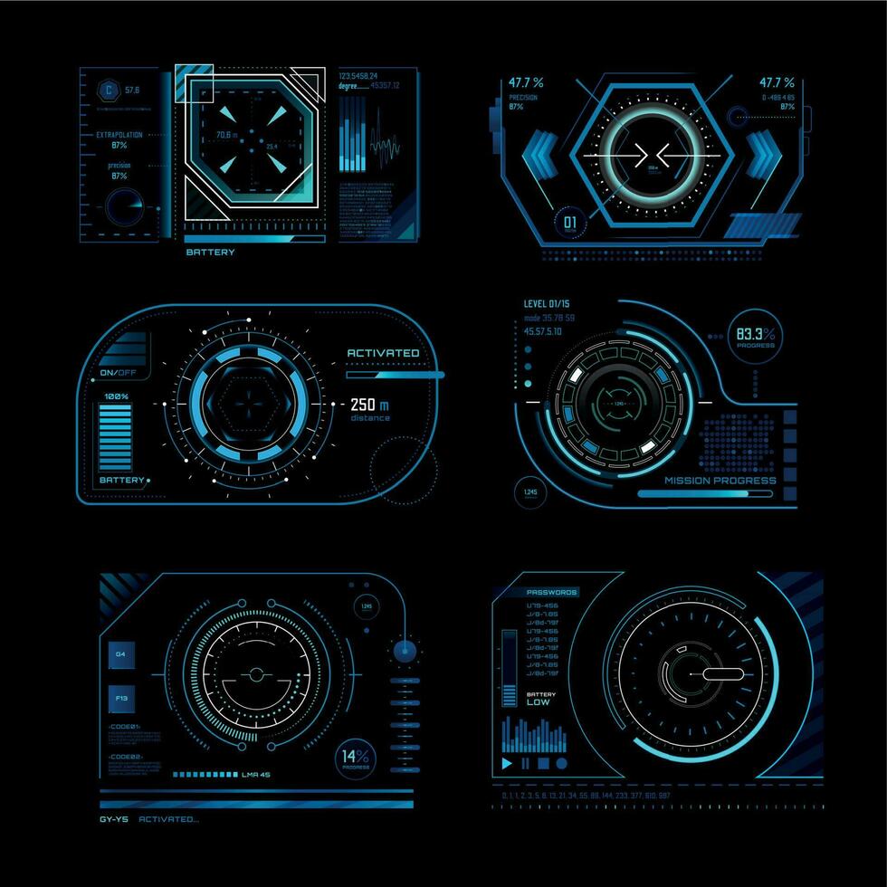 futuristico virtuale schermo. monitoraggio hud pannello telaio con puntamento scopo. computer sistemi Schermo Tech processi grafico vettore concetto impostato