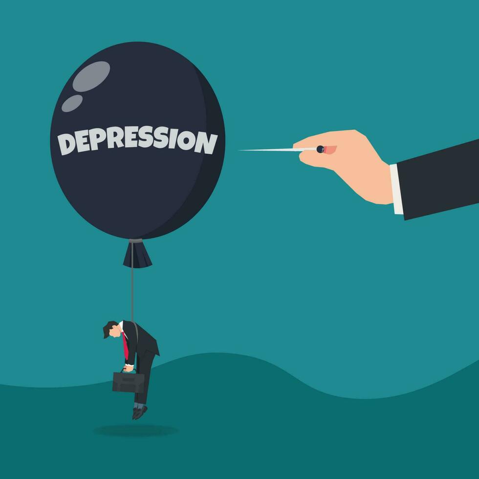 vettore mano spingendo il ago per pop depressione Palloncino illustrazione