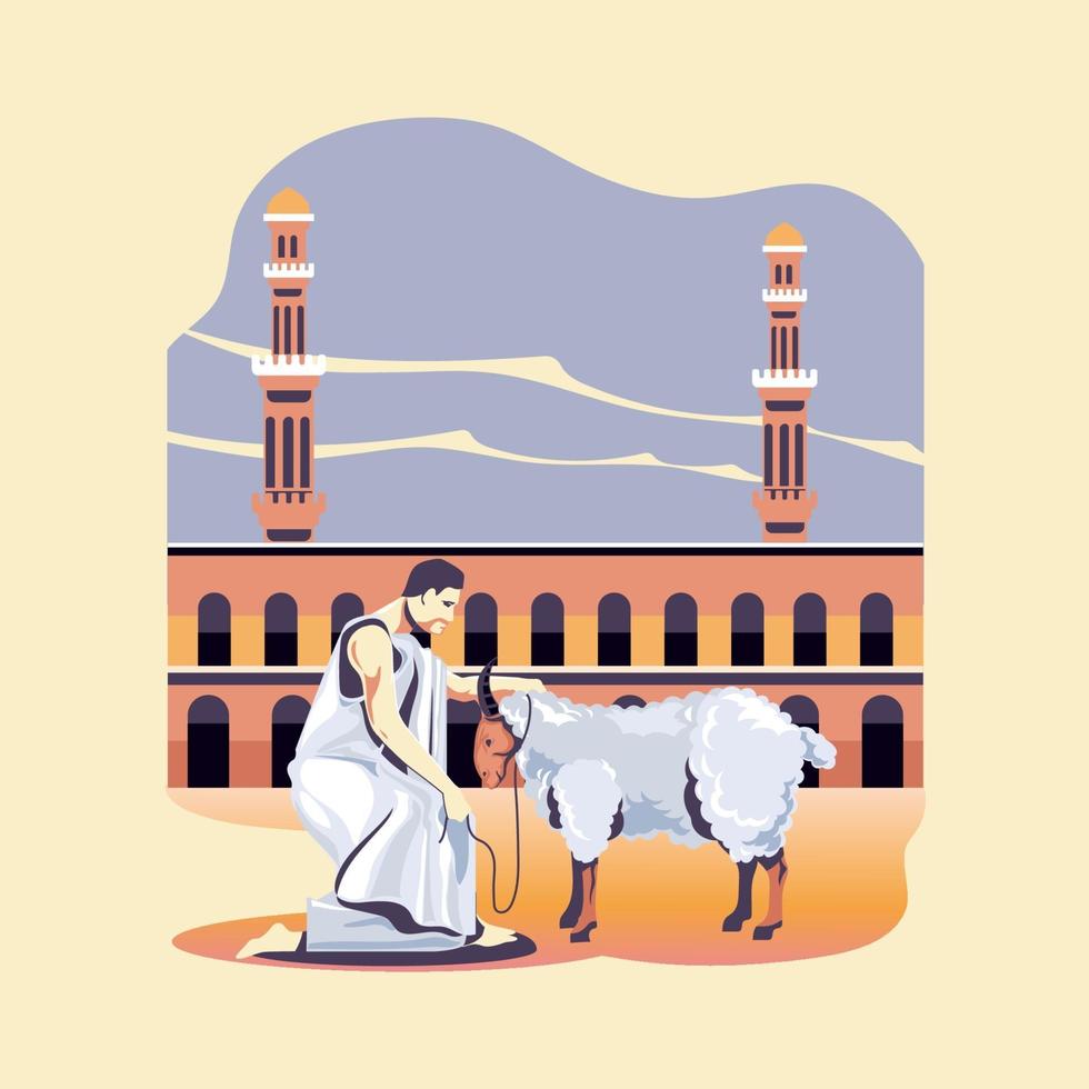un uomo musulmano sacrifica una capra durante il pellegrinaggio o hajj vettore