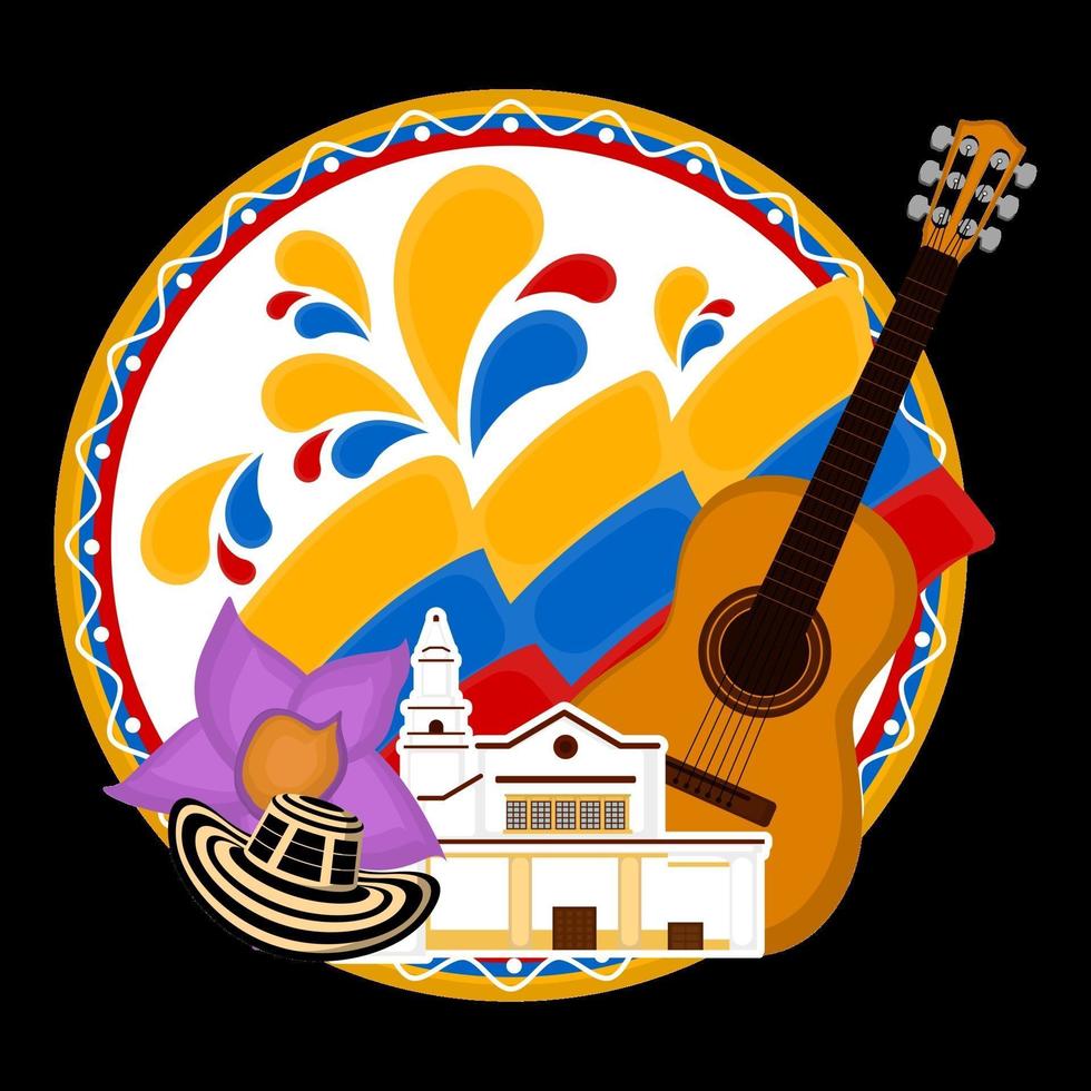 edificio della chiesa con un fiore bandiera e chitarra in un'immagine rappresentativa etichetta della colombia vettore