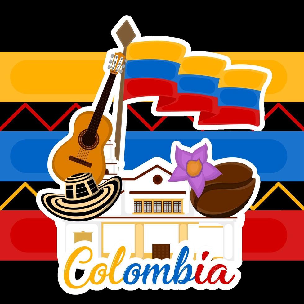 edificio della chiesa con un chicco di caffè cappello bandiera e chitarra immagine rappresentativa della colombia vettore