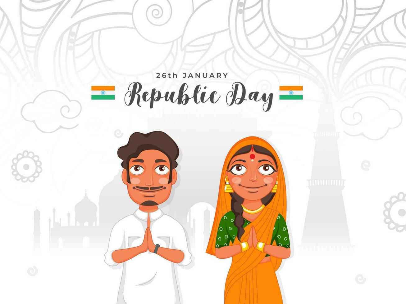 indiano uomo e donna detto namaste con famoso monumenti di India su bianca floreale design sfondo per 26th gennaio, repubblica giorno. vettore