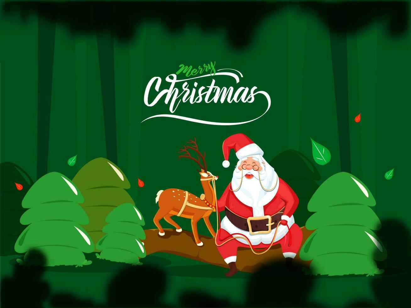 illustrazione di cartone animato Santa Claus Tenere renna con alberi su verde sfondo per allegro Natale celebrazione. vettore