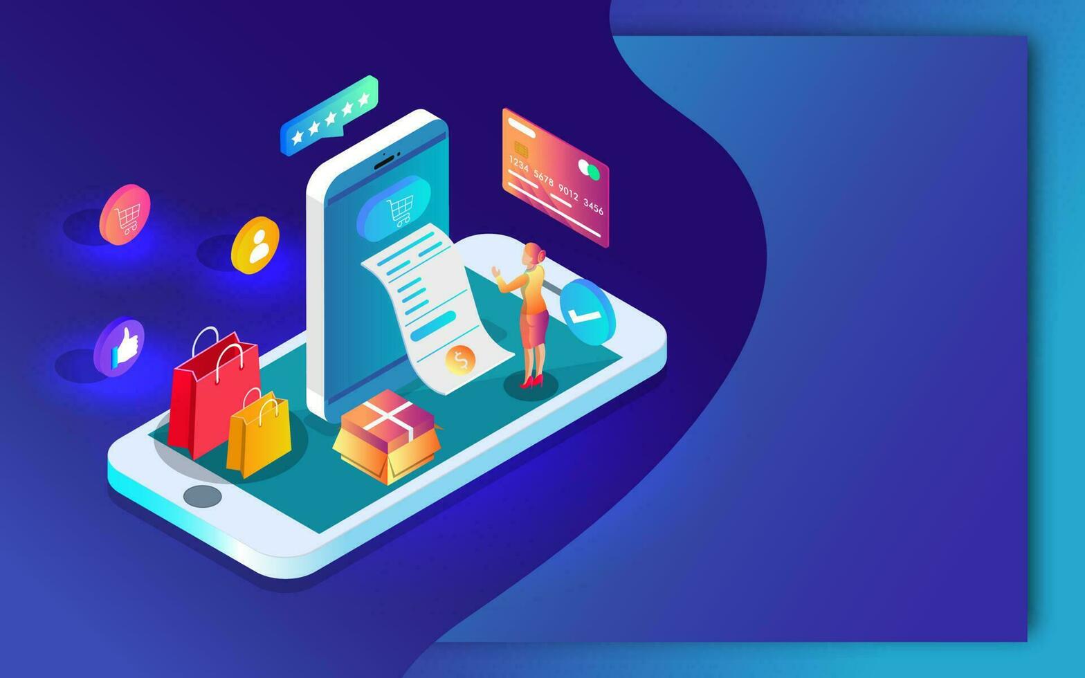 3d illustrazione di in linea shopping App nel smartphone con pagamento ricevuta, regalo scatola e credito o addebito carta su astratto sfondo. può essere Usato come ragnatela bandiera o manifesto design. vettore