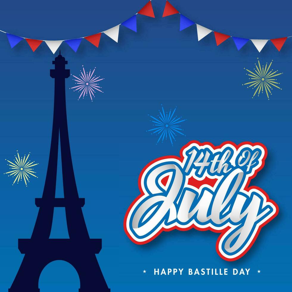 etichetta stile 14 di luglio font con silhouette eiffel Torre, fuochi d'artificio e pavese bandiere decorato su blu sfondo per contento bastille giorno. vettore