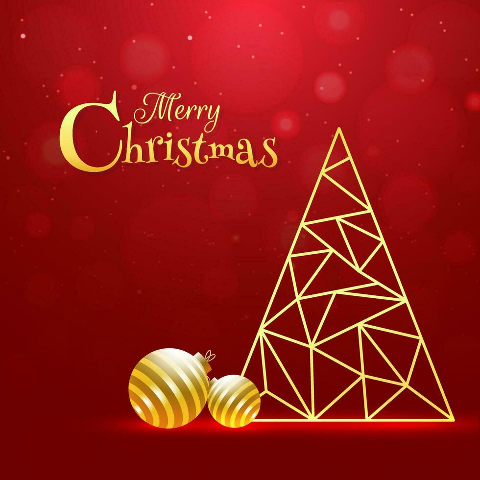 natale albero fatto di geometrico poligono modello con d'oro palline su rosso bokeh sfondo per allegro Natale celebrazione saluto carta design. vettore