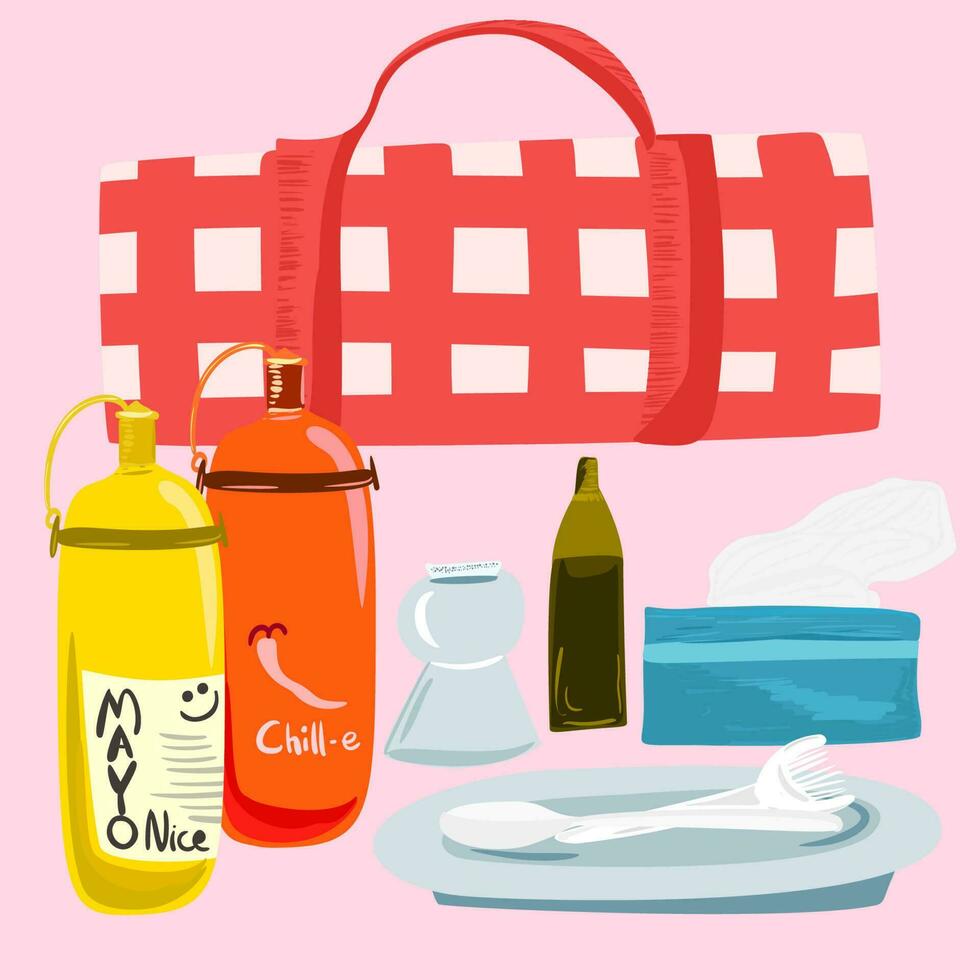 estate vacanza picnic. viaggio Accessori per picnic. piatto vettore illustrazione mano disegnato clip arte