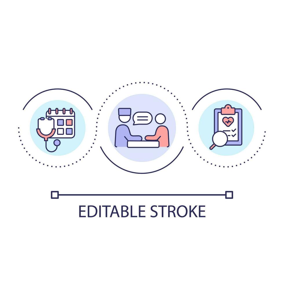 regolare medico appuntamento ciclo continuo concetto icona. medico verifica. assistenza sanitaria. paziente e medico astratto idea magro linea illustrazione. isolato schema disegno. modificabile ictus vettore