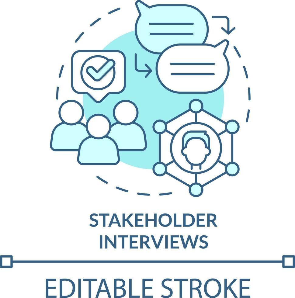 stakeholder interviste turchese concetto icona. ricerca per soddisfare design astratto idea magro linea illustrazione. isolato schema disegno. modificabile ictus vettore