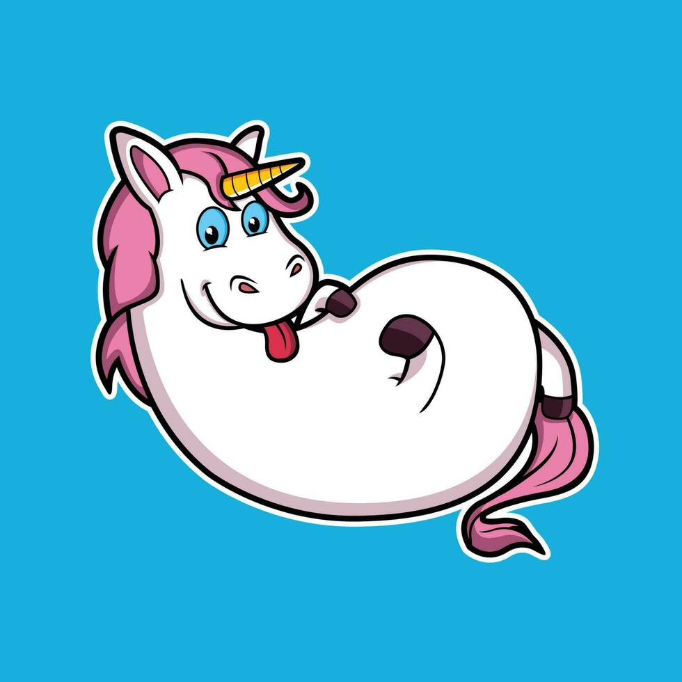 divertente unicorno con blu occhi è rilassante. vettore animale cartone animato illustrazione