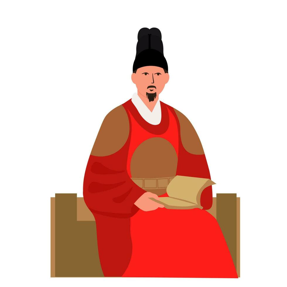 sejong il grande era il il quarto re di il joseon dinastia di Corea. lui creato e promulgato il coreano alfabeto hangul. vettore azione illustrazione