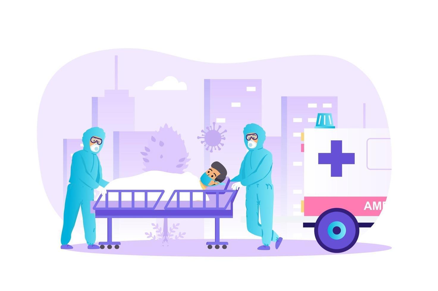 il paziente di coronavirus è ricoverato in ospedale dall'illustrazione vettoriale di concetto di ambulanza di personaggi di persone in design piatto