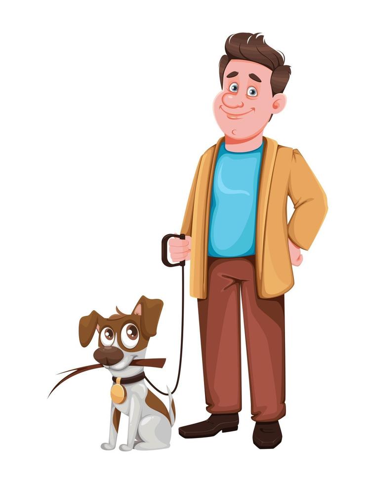 giovane che cammina un cane simpatici personaggi dei cartoni animati vettore