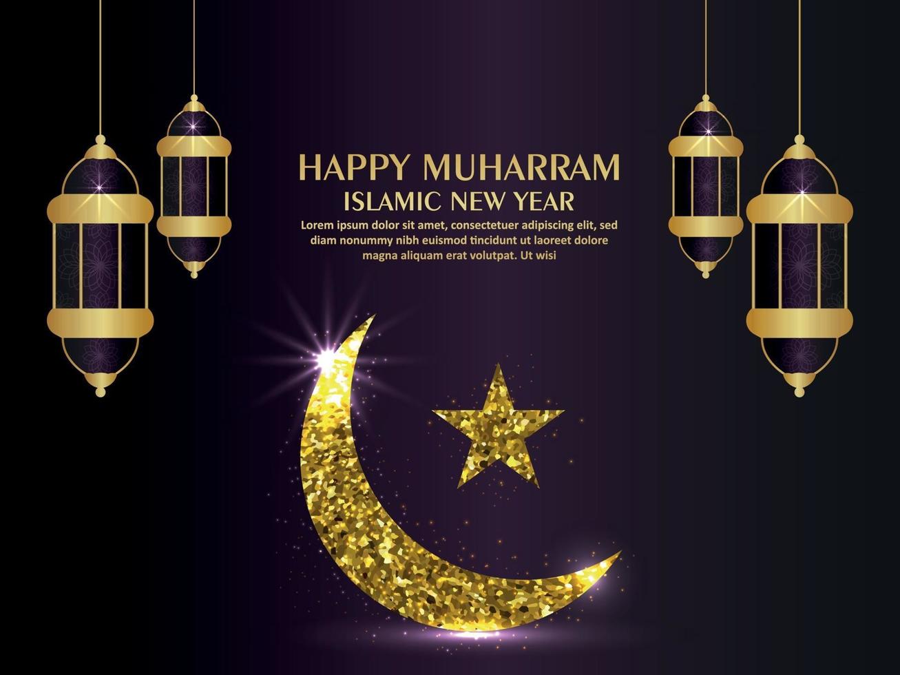 felice anno nuovo islamico muharram con luna dorata e lanterna vettore