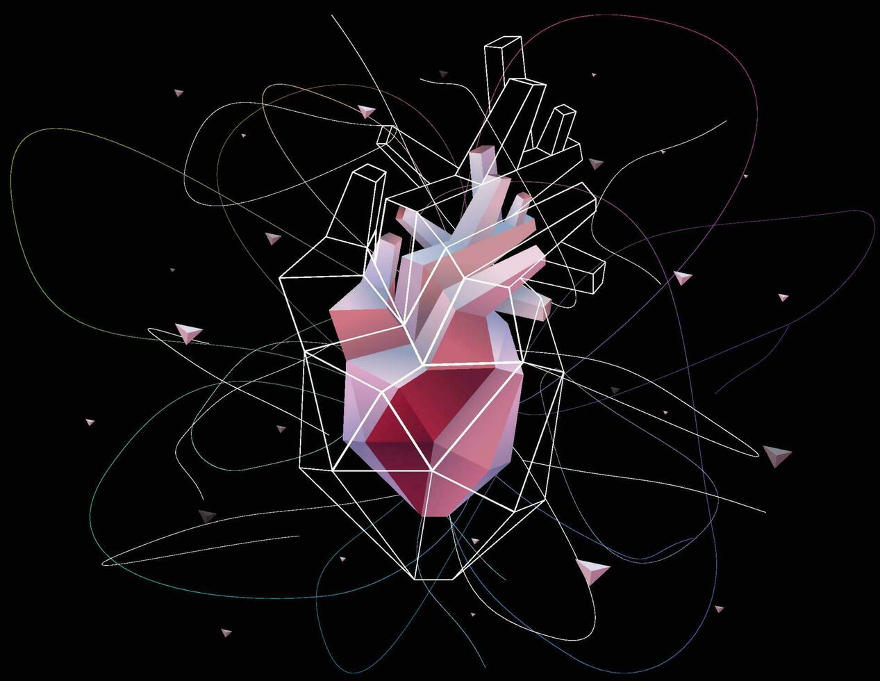 3d illustrazione di un' umano cuore presentata nel geometrico forme consistente di bianca Linee sparpagliato in giro suo periferia. vettore