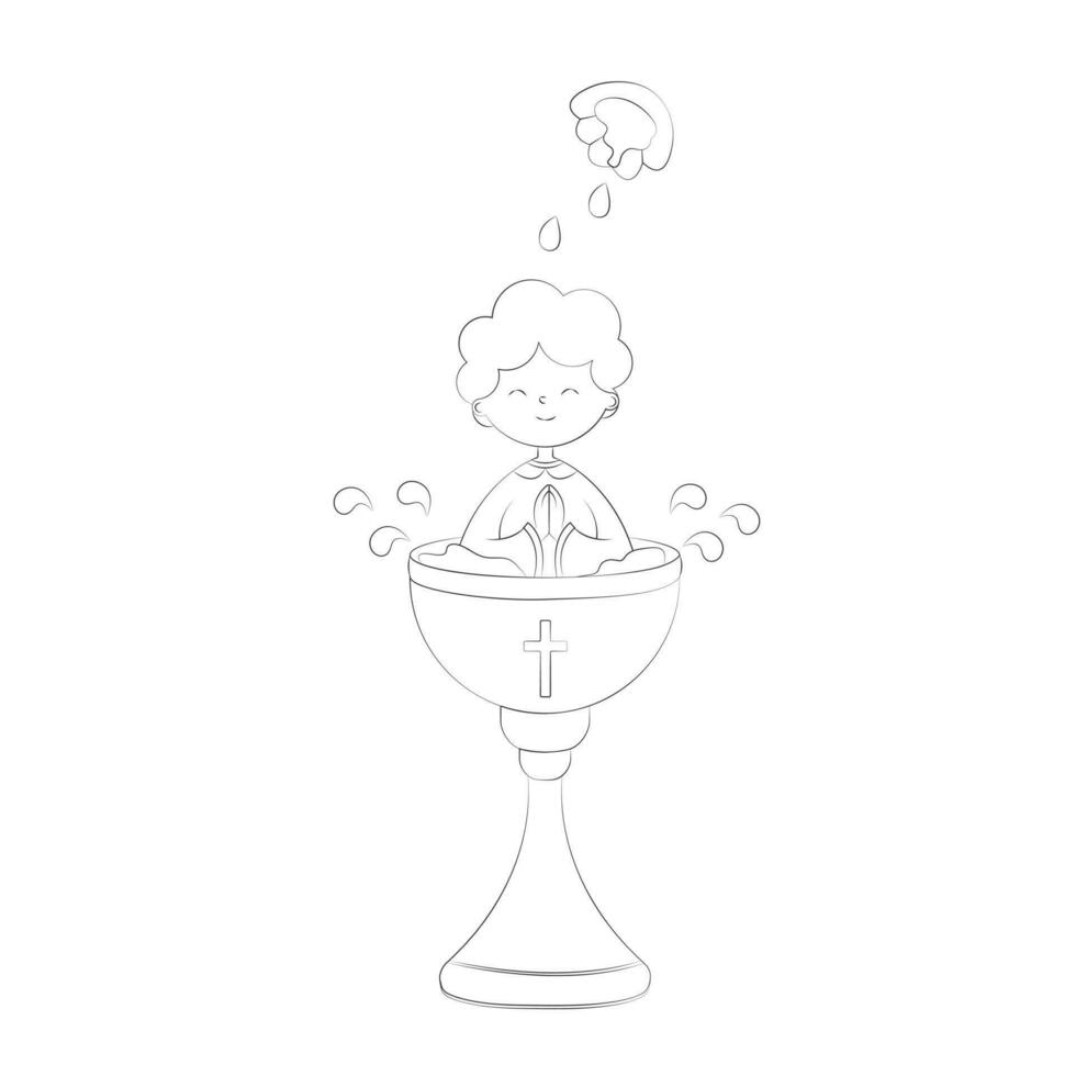 battesimo di un' bambino nel festivo abbigliamento seduta nel un' battesimale font con santo acqua scrosciante a partire dal un' conchiglia su il testa vettore illustrazione nel scarabocchio