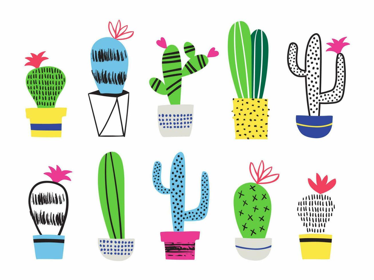 impostato di cactus nel vasi di fiori. vettore illustrazione.