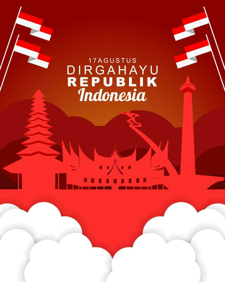 Indonesia indipendenza giorno su 17 ° agosto, saluto carta e sociale media inviare, bandiera e manifesto piatto stile design vettore