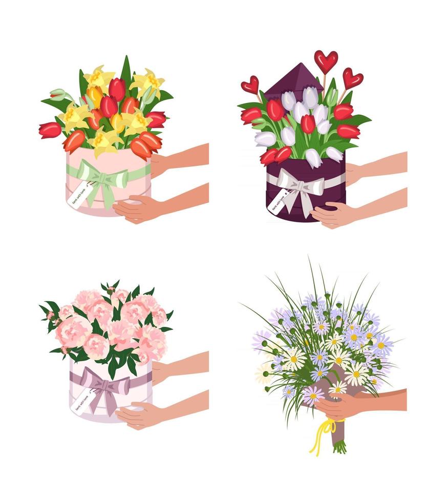 consegna di una scatola rotonda con tulipani narcisi e margherite mani tengono mazzi di fiori vettore