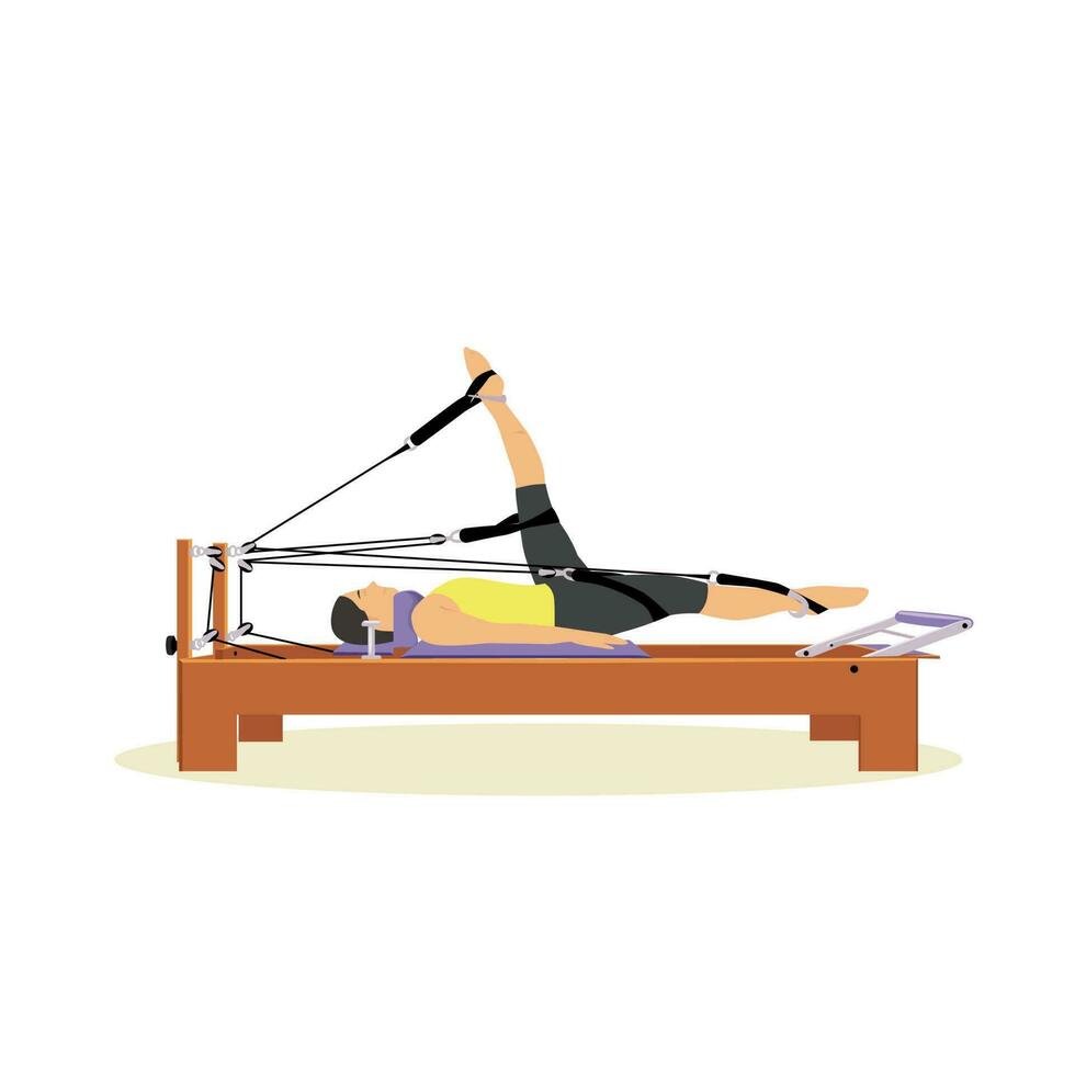 un' donna fa esercizi su un' pilates riformatore. vettore illustrazione
