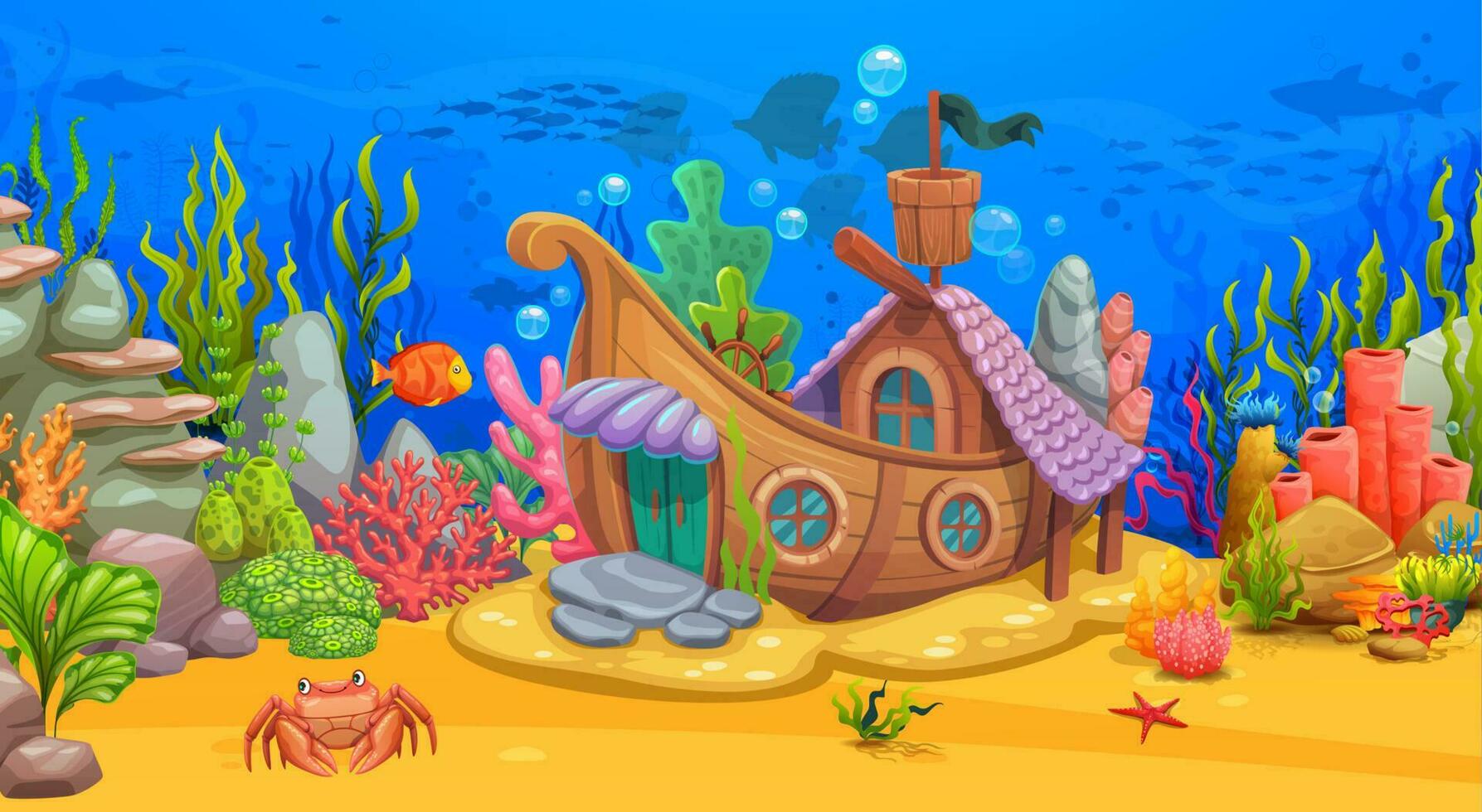 cartone animato subacqueo mare paesaggio con affondata barca vettore
