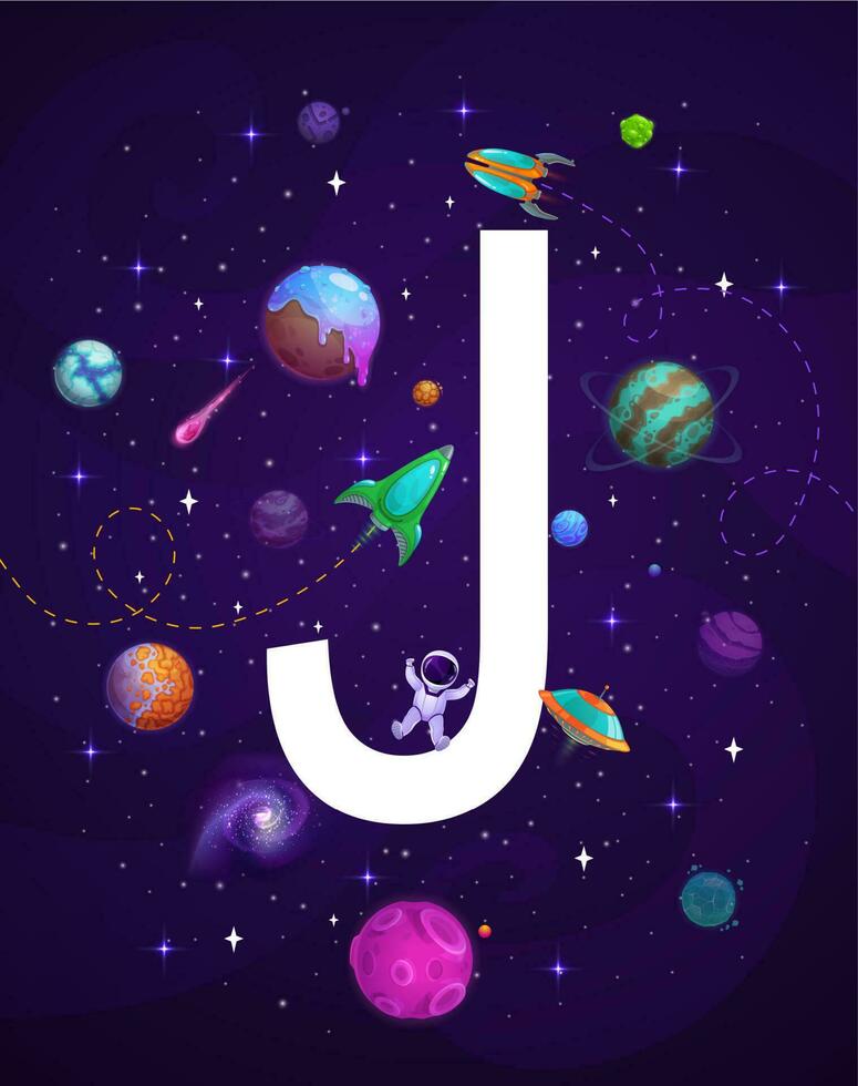 cartone animato spazio lettera j, galassia pianeti sfondo vettore