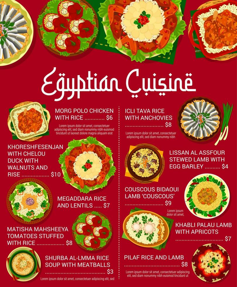 egiziano cucina menù, pranzo e cena piatti vettore