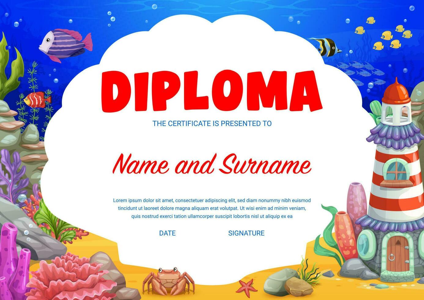 bambini diploma con cartone animato mare subacqueo case vettore