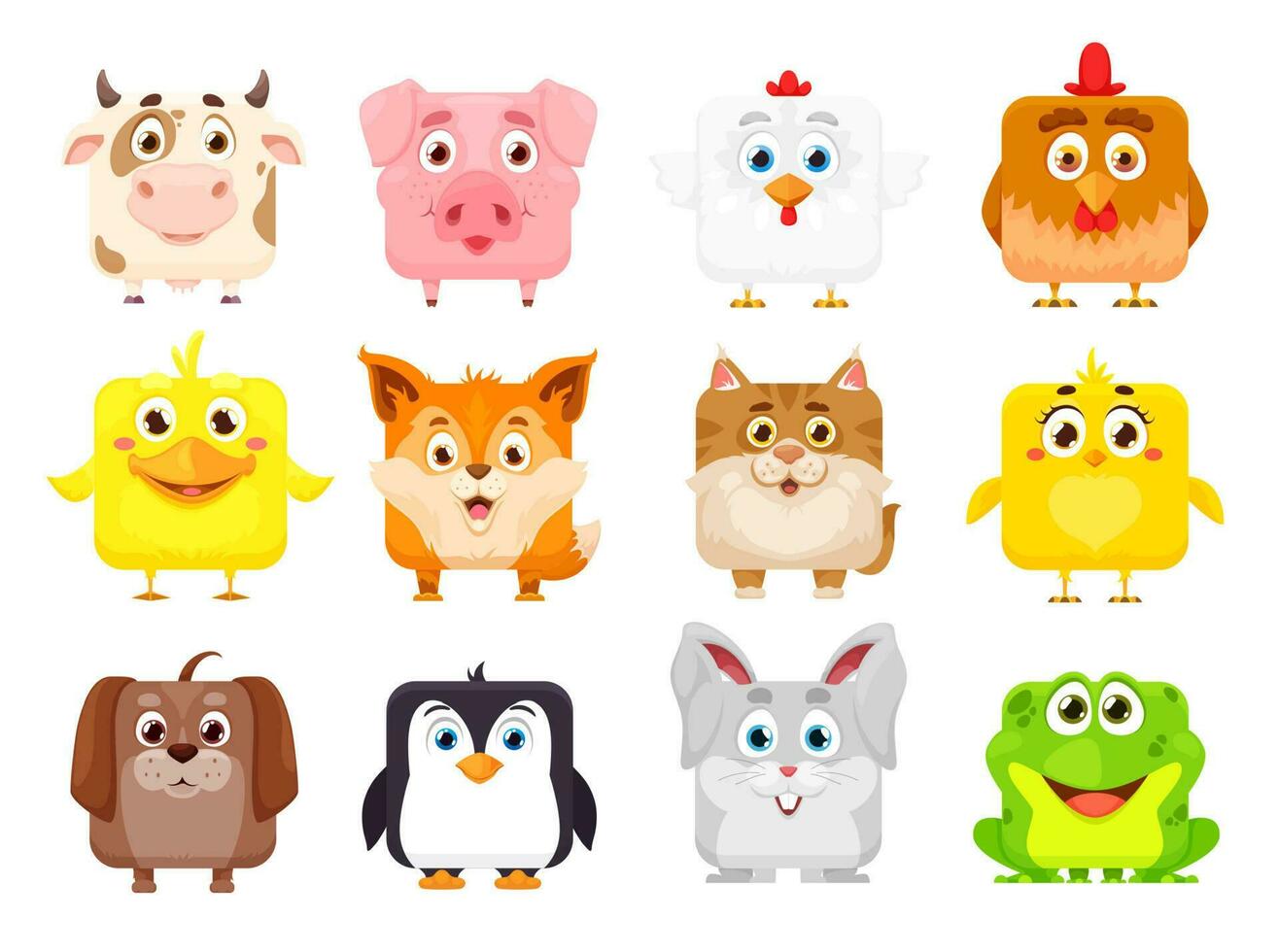 cartone animato kawaii piazza animale facce, carino bambini animali domestici vettore