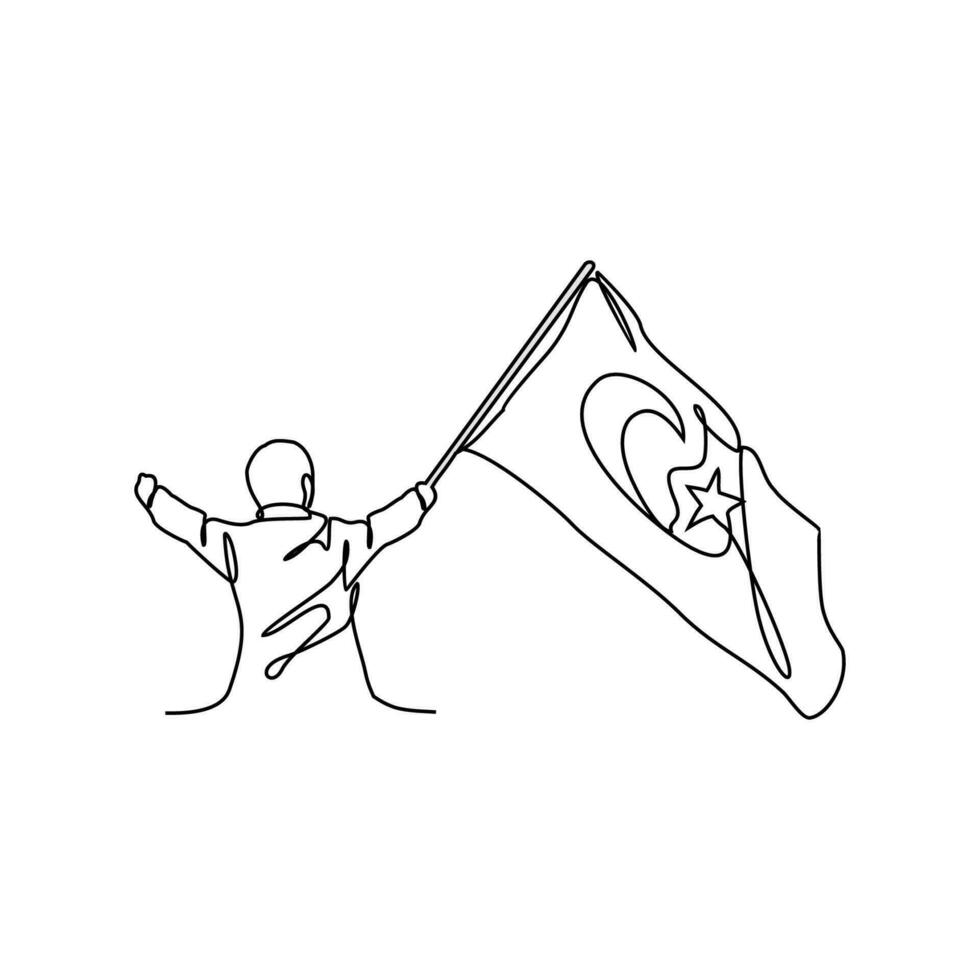 uno continuo linea disegno di un' soldato Tenere un' Turco bandiera. tacchino patriottico nel semplice lineare stile. tacchino patriottico design concetto vettore illustrazione