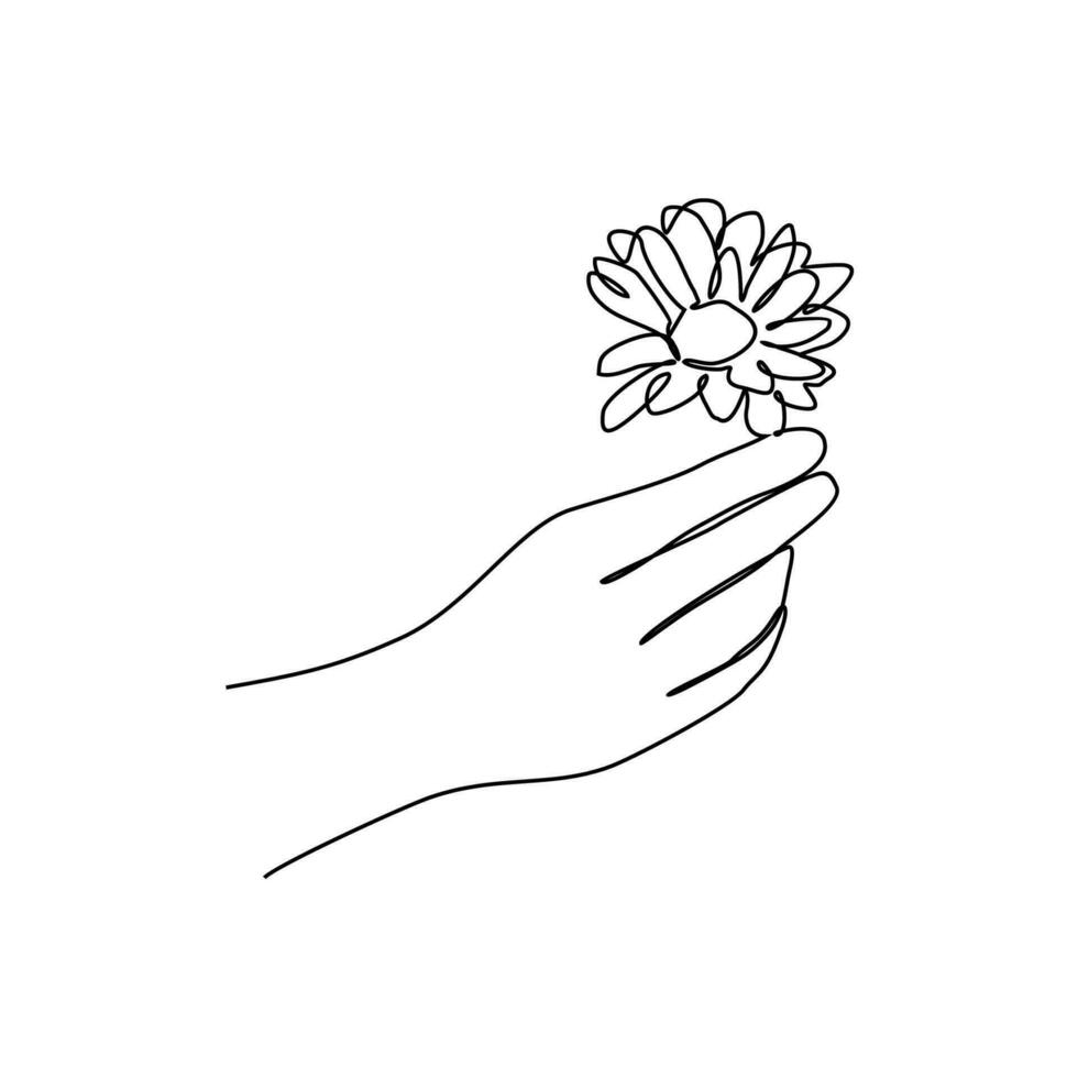 un' mano è Tenere un' bellissimo fiore su un' bianca sfondo nel continuo linea arte disegno stile. design con minimalista nero lineare design isolato su bianca sfondo. pianta vettore illustrazione