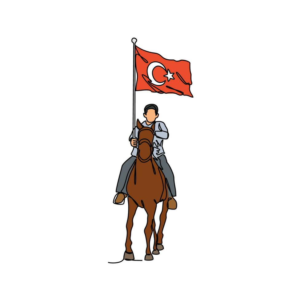 uno continuo linea disegno di un' uomo Tenere un' Turco bandiera mentre equitazione un' cavallo. tacchino patriottico nel semplice lineare stile. tacchino patriottico design concetto vettore illustrazione