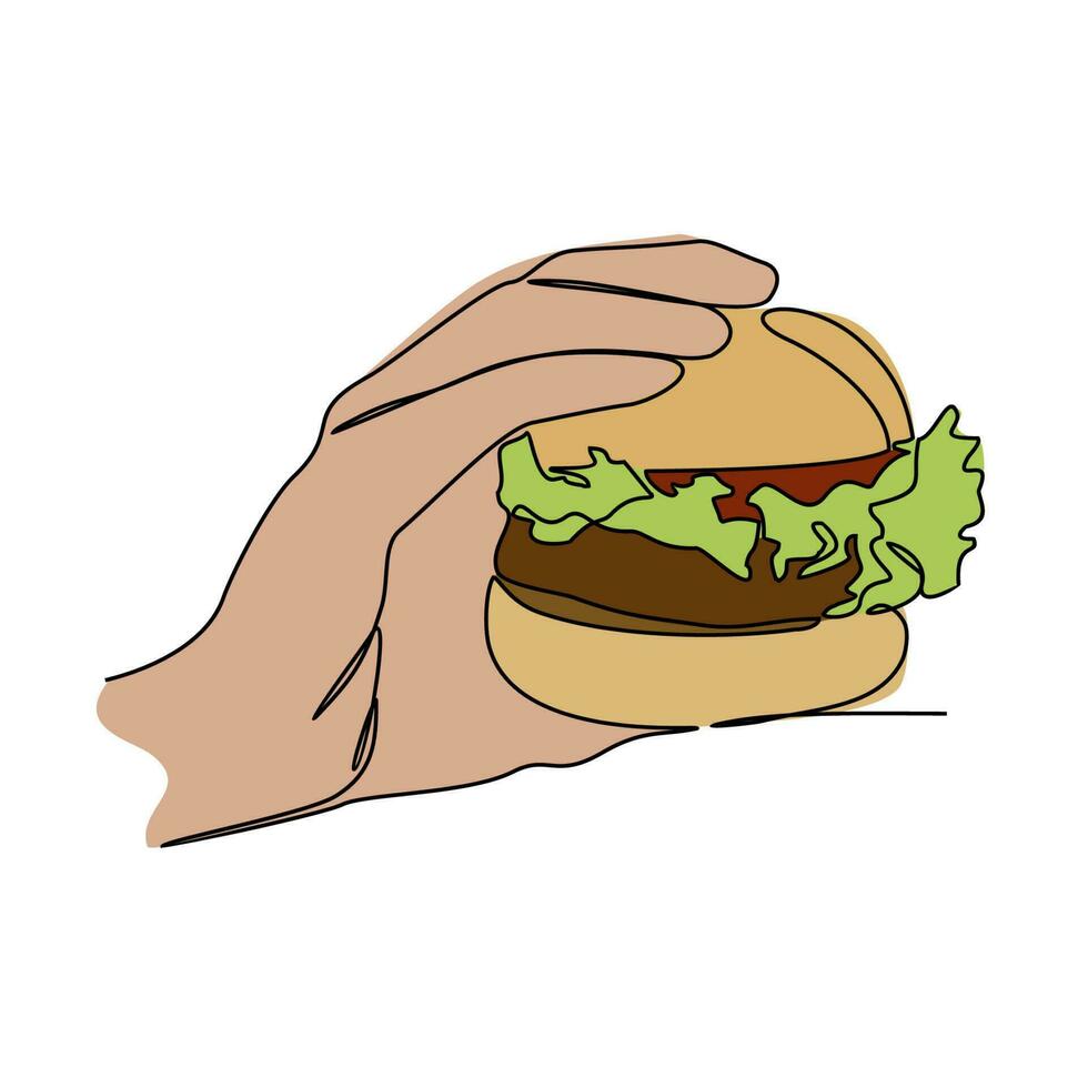 uno continuo linea disegno di un' mano Tenere un' hamburger. cibo illustrazione nel semplice lineare stile. cibo design concetto vettore illustrazione