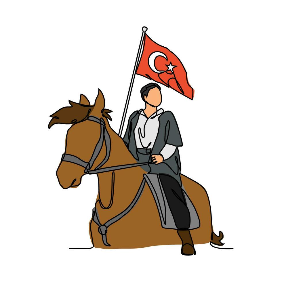 uno continuo linea disegno di un' uomo Tenere un' Turco bandiera mentre equitazione un' cavallo. tacchino patriottico nel semplice lineare stile. tacchino patriottico design concetto vettore illustrazione