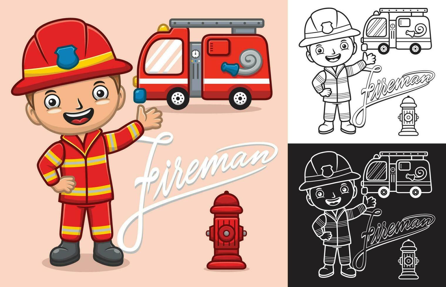 vettore illustrazione di cartone animato ragazzo nel vigile del fuoco uniforme con camion dei pompieri e fuoco idrante