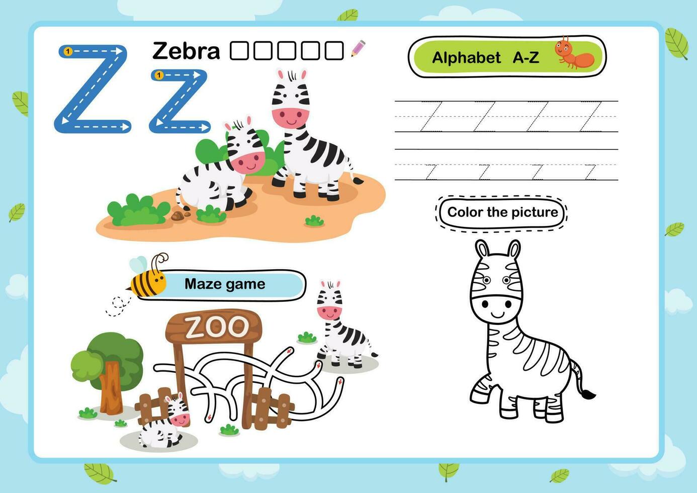 alfabeto lettera z-zebra esercizio con cartone animato vocabolario illustrazione, vettore