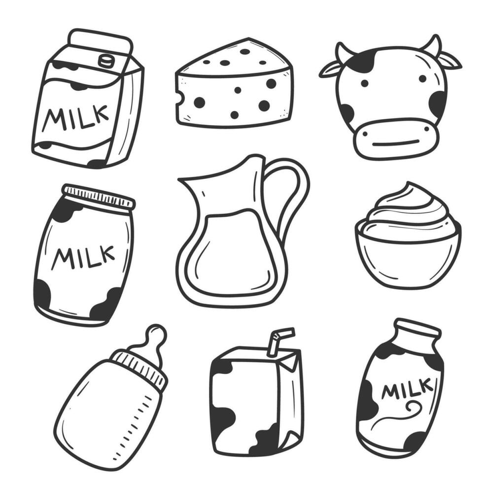impostato di latteria latte vettore illustrazioni con disegnato a mano stile isolato su bianca sfondo. latteria latte scarabocchio illustrazione