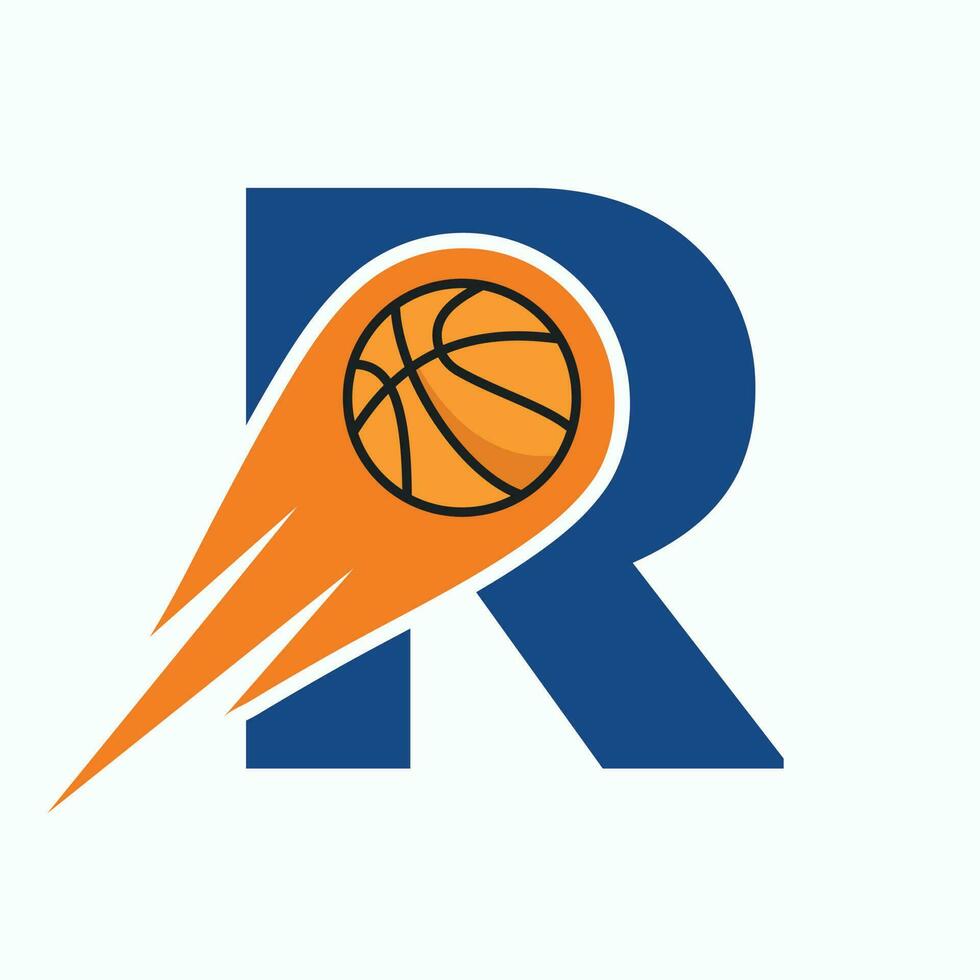 lettera r pallacanestro logo concetto con in movimento pallacanestro icona. cestino palla logotipo simbolo vettore