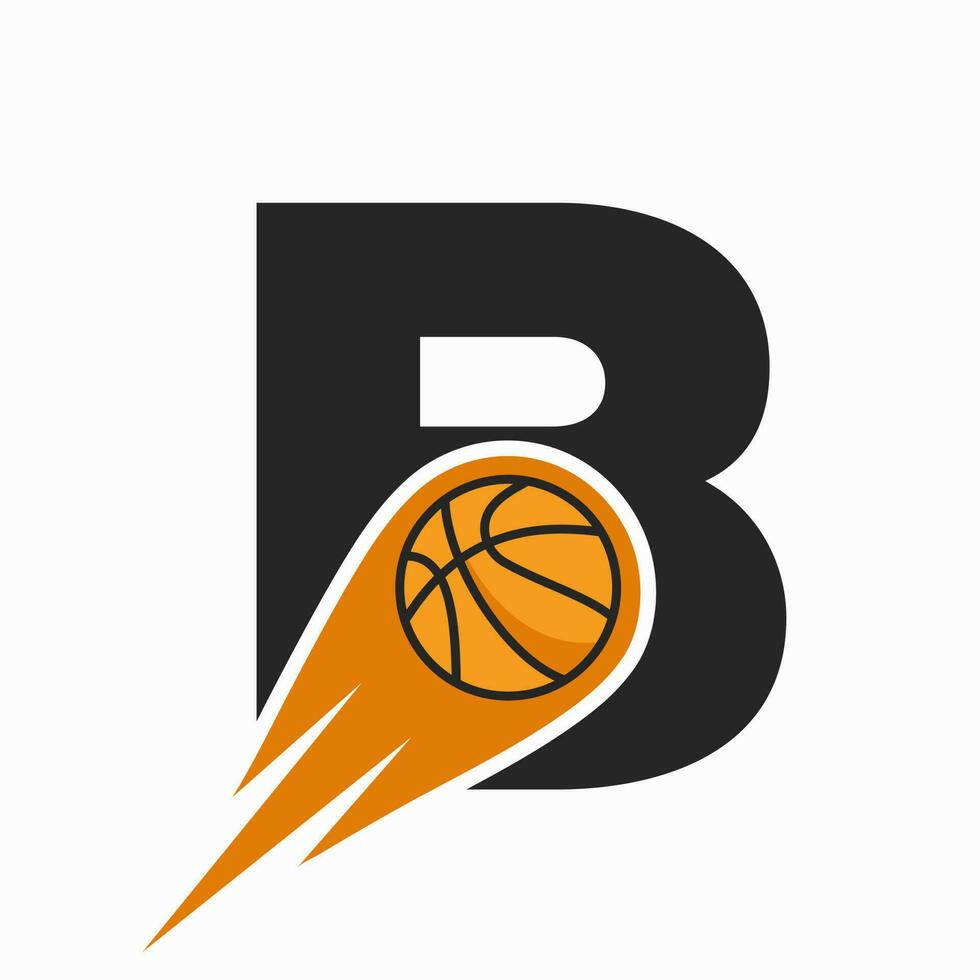 lettera B pallacanestro logo concetto con in movimento pallacanestro icona. cestino palla logotipo simbolo vettore