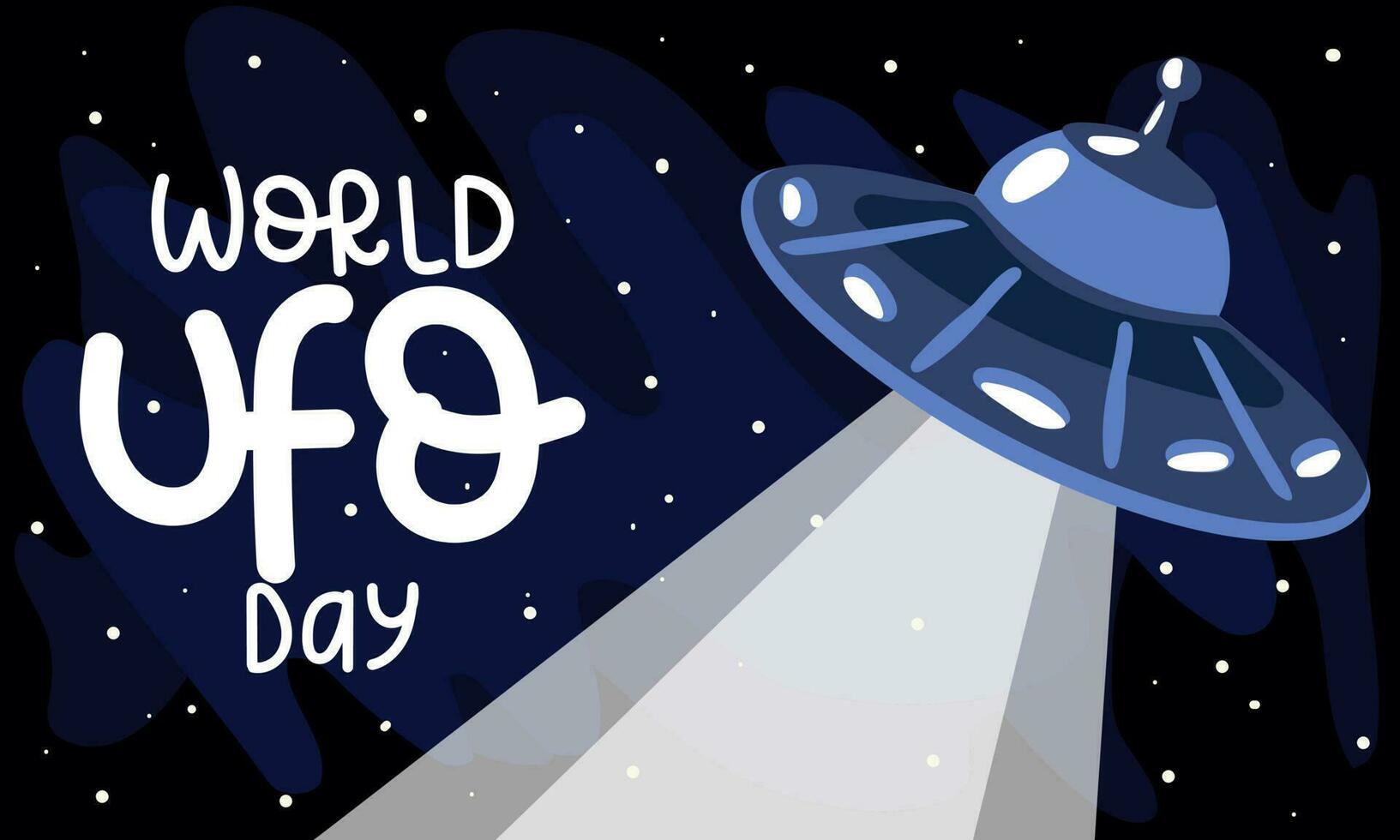 bandiera per mondo ufo giorno, celebre su luglio 2. un' cartone animato piatto di alieni con un' raggio di leggero e un iscrizione nel onore di il vacanza. stampa cartoline, volantini, banner per il vacanza vettore