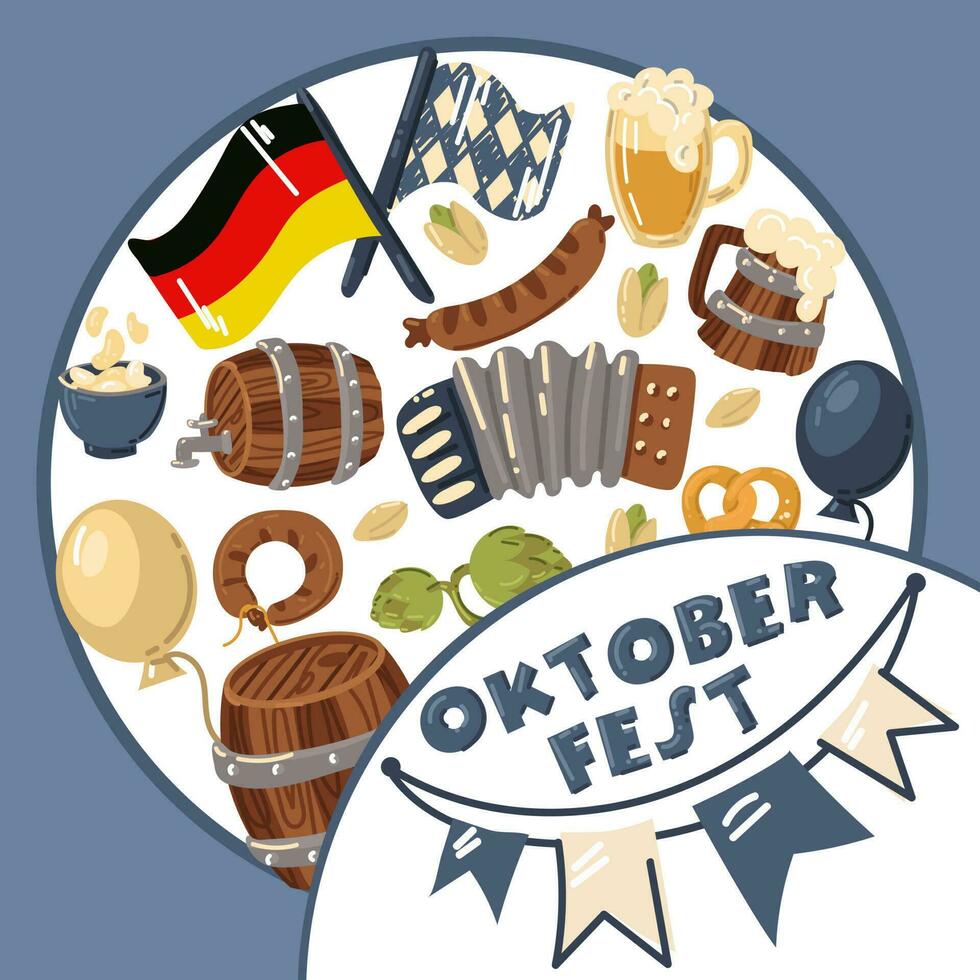 oktoberfest è un' bovari birra Festival. il nome con un' allungare di bandiere e elementi di il Festival decorato nel un' cerchio. stampa su tessile e carta, striscione, inviti. birra Festival invita vettore