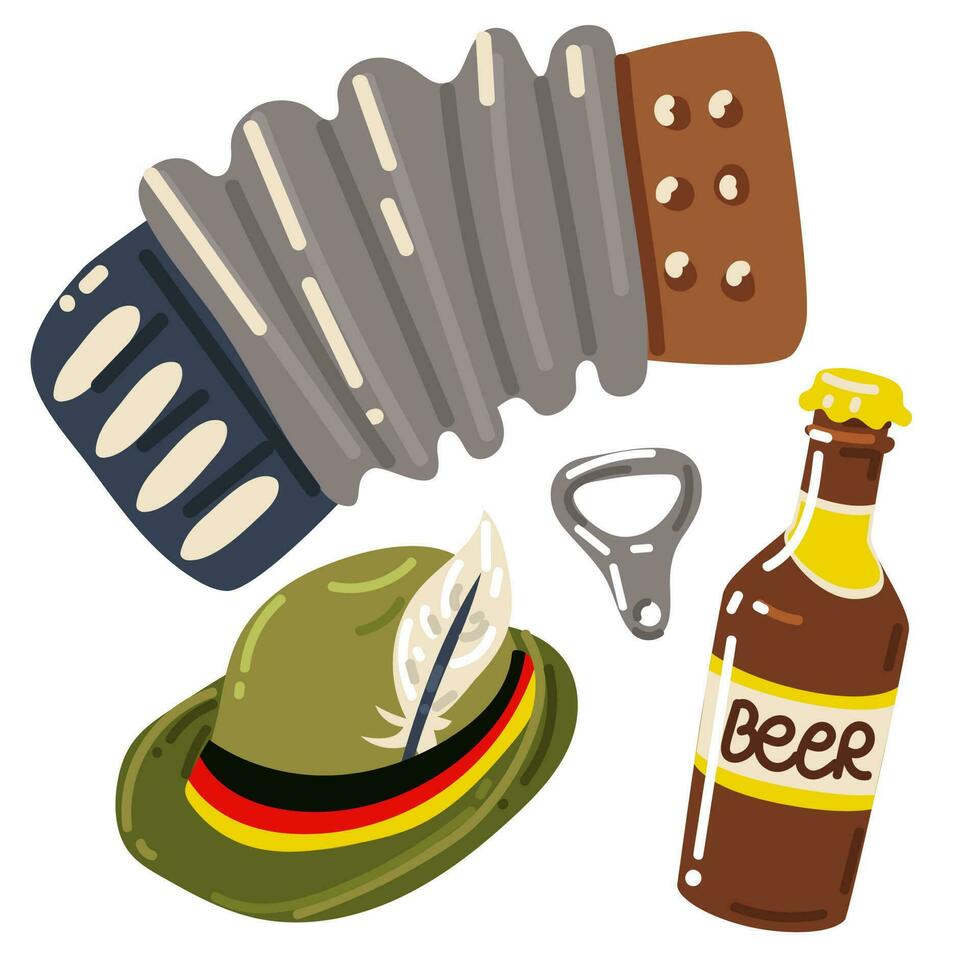 impostato per Oktoberfest, il nazionale vacanza di Tedesco birra. vettore illustrazione di un' carnevale cappello, birra bottiglia, bottiglia apriscatole, fisarmonica fisarmonica. stampa adesivi per il Festival.