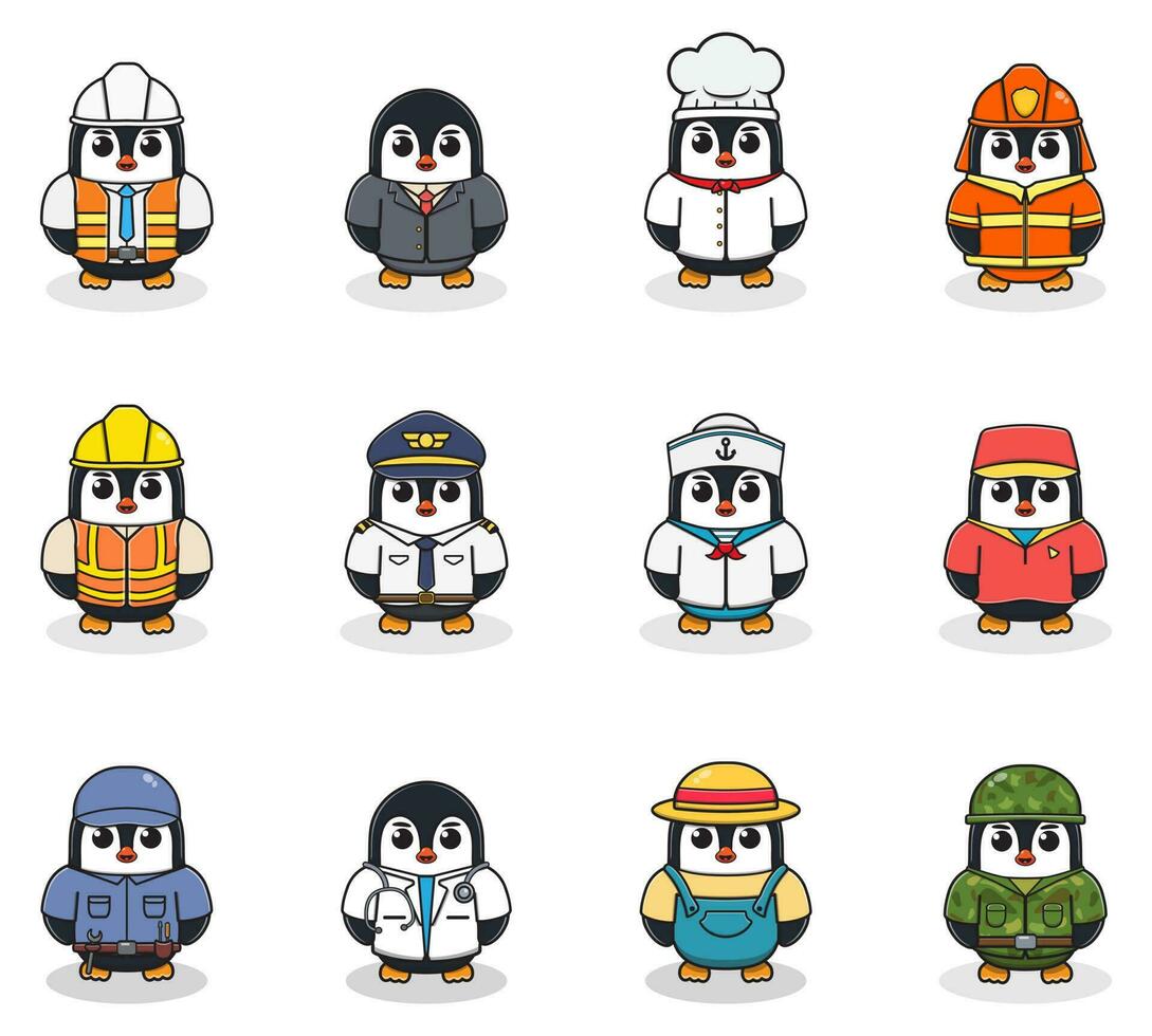 vettore impostato di carino pinguino con diverso professioni. cartone animato carino pinguino vestito nel diverso occupazione uniforme. vettore personaggi con lavori diverso occupazione.