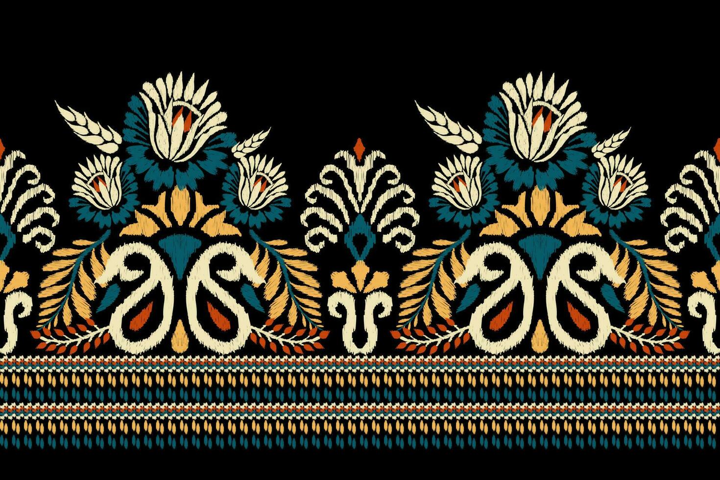 ikat floreale paisley ricamo su nero sfondo.ikat etnico orientale modello tradizionale.azteco stile astratto vettore illustrazione.disegno per trama, tessuto, abbigliamento, avvolgimento, decorazione, pareo, stampa