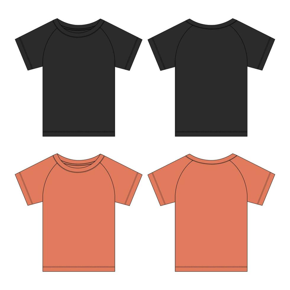 corto manica raglan t camicia nero e arancia colore vettore illustrazione modello davanti e indietro visualizzazioni isolato su bianca sfondo