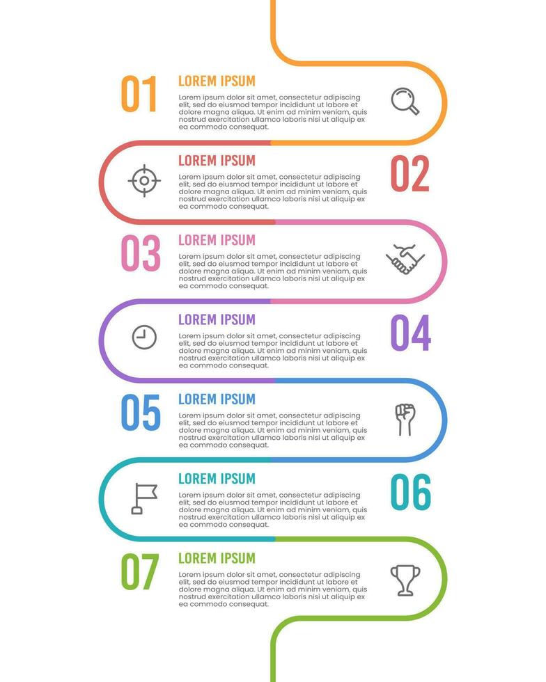 Infografica curva 7 passaggi o opzioni per successo. vettore illustrazione.