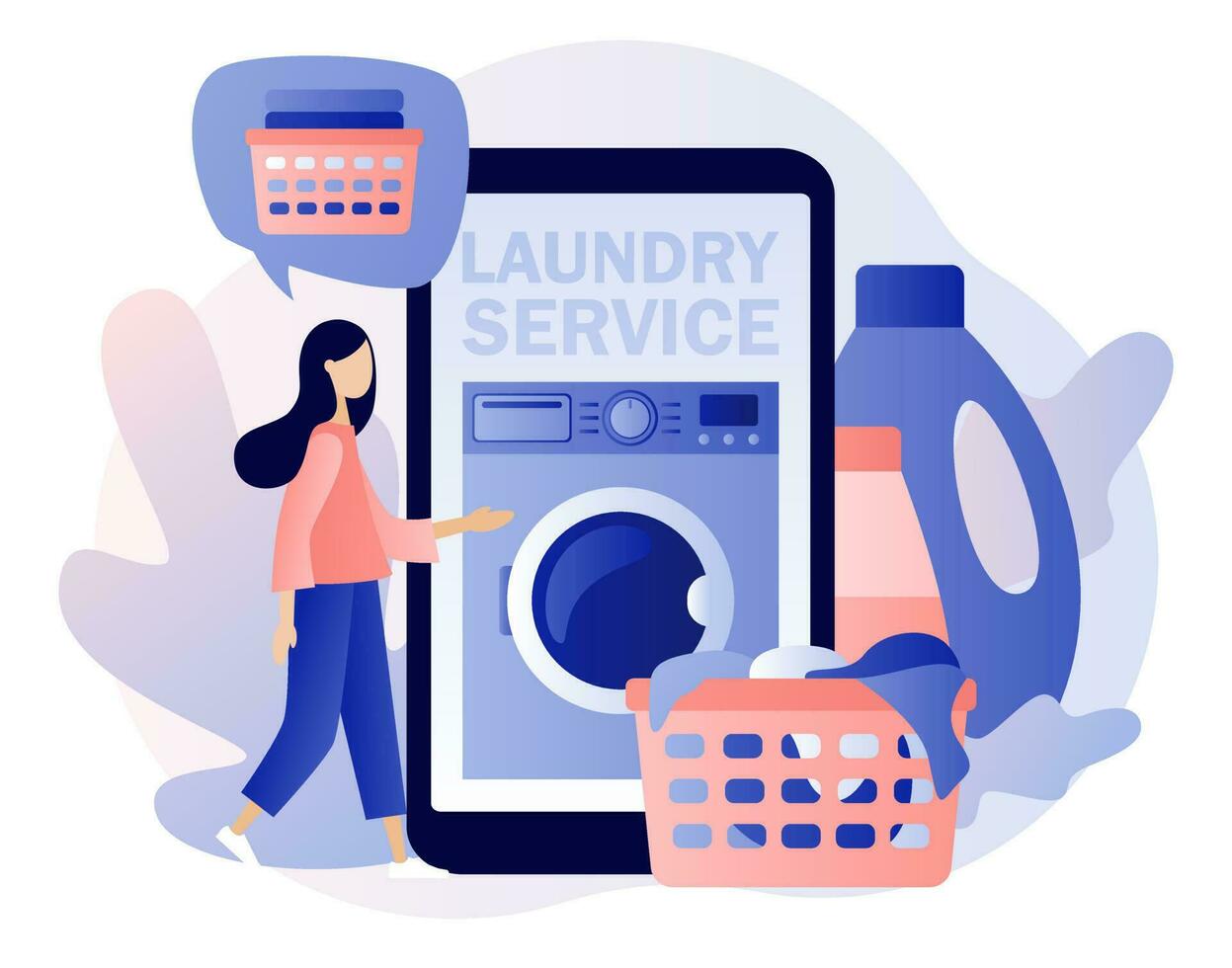 lavanderia servizio in linea nel smartphone app. lavanderia a gettoni, casa apparecchio, faccende domestiche concetto. lavaggio macchine. moderno piatto cartone animato stile. vettore illustrazione su bianca sfondo