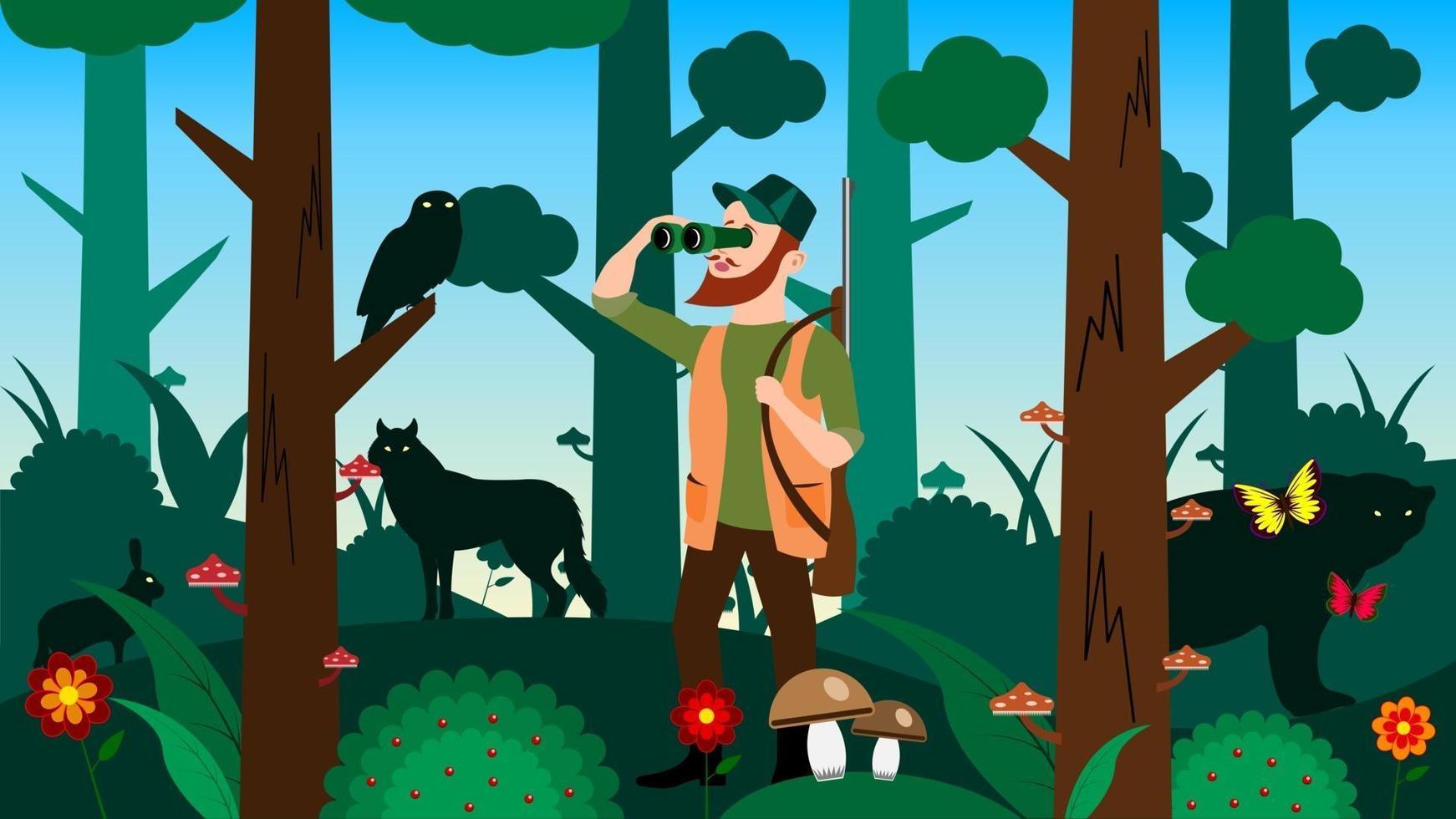cacciatore guarda attraverso il binocolo nel cartone animato della foresta vettore