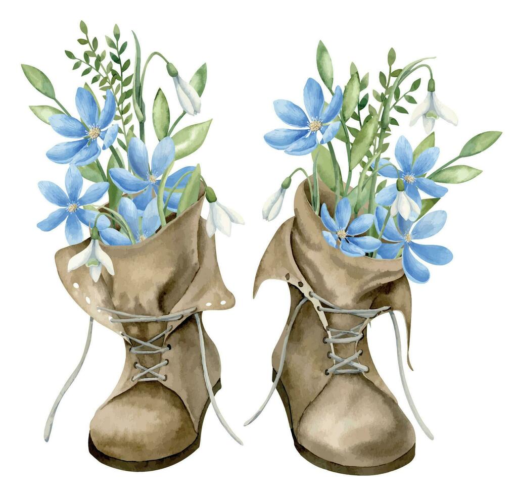 Vintage ▾ coriaceo scarpe con foresta blu fiori. mano disegnato acquerello illustrazione di escursioni a piedi calzature e selvaggio margherita su bianca isolato sfondo. disegno di retrò attrezzatura per viaggio e avventura vettore