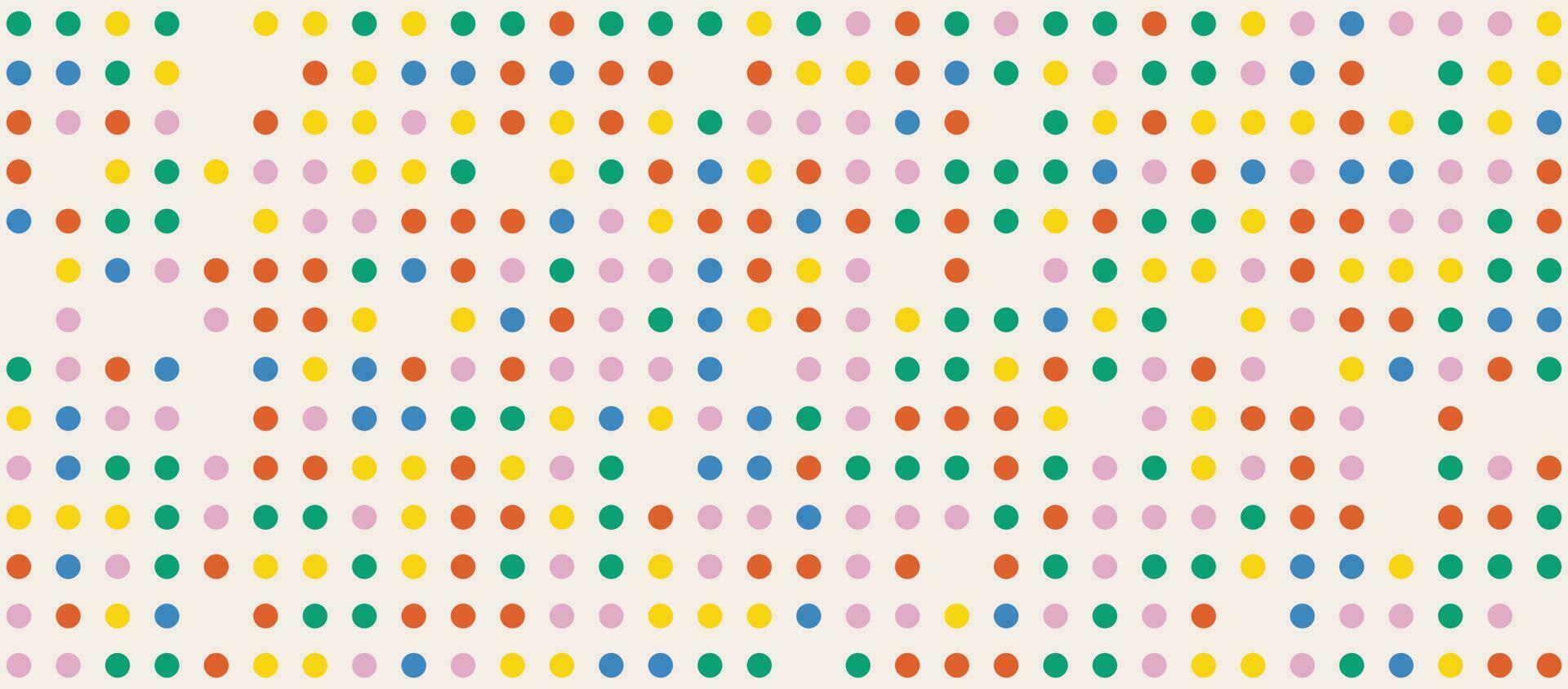 festivo astratto tratteggiata sfondo nel arcobaleno colori. carino colorato polka puntini modello. cerchi coriandoli su beige sfondo. retrò orizzontale fondale vettore